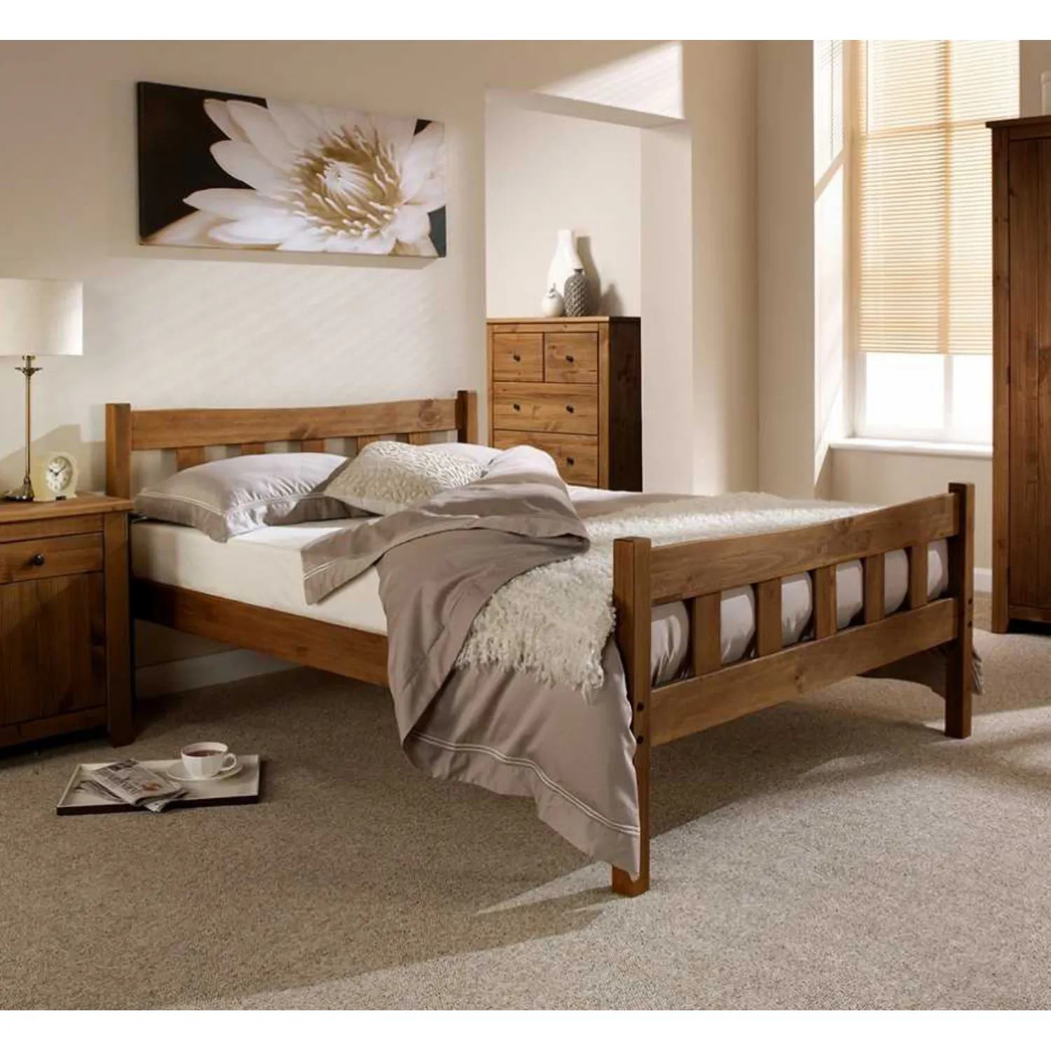 Solid Oak Slatted 5ft King Size Bed with High Foot Board
